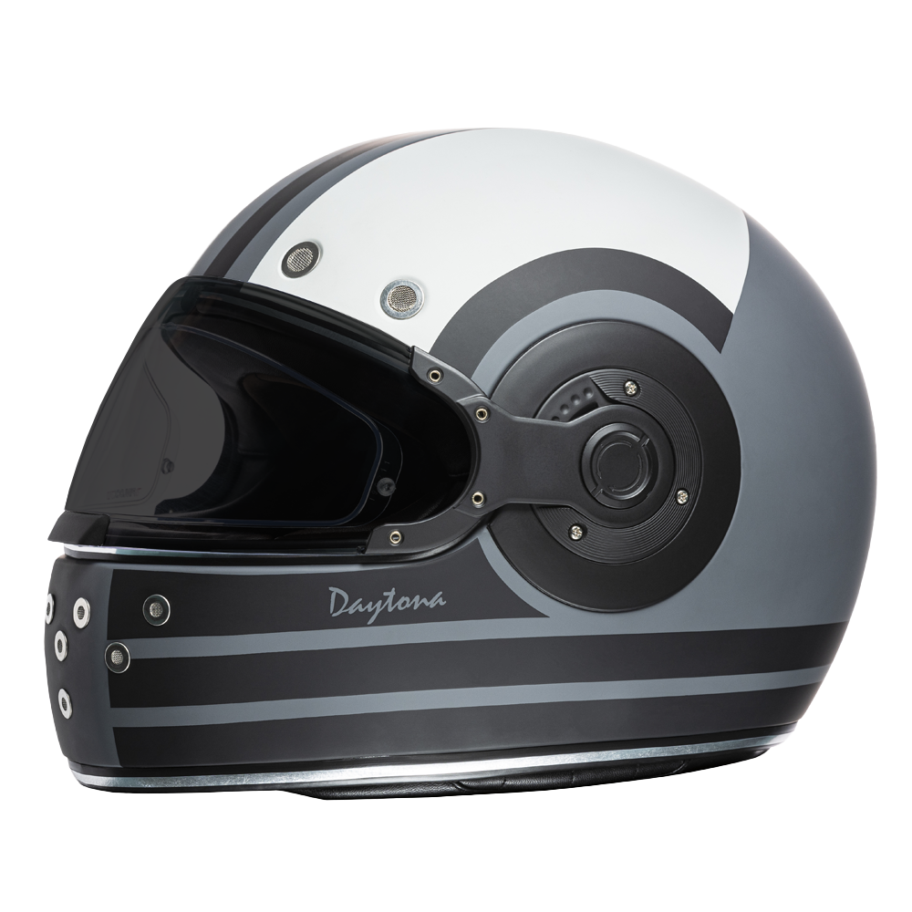 Daytona Retro Full Face Motorcycle Helmet - Dull Black with White Racer Graphic