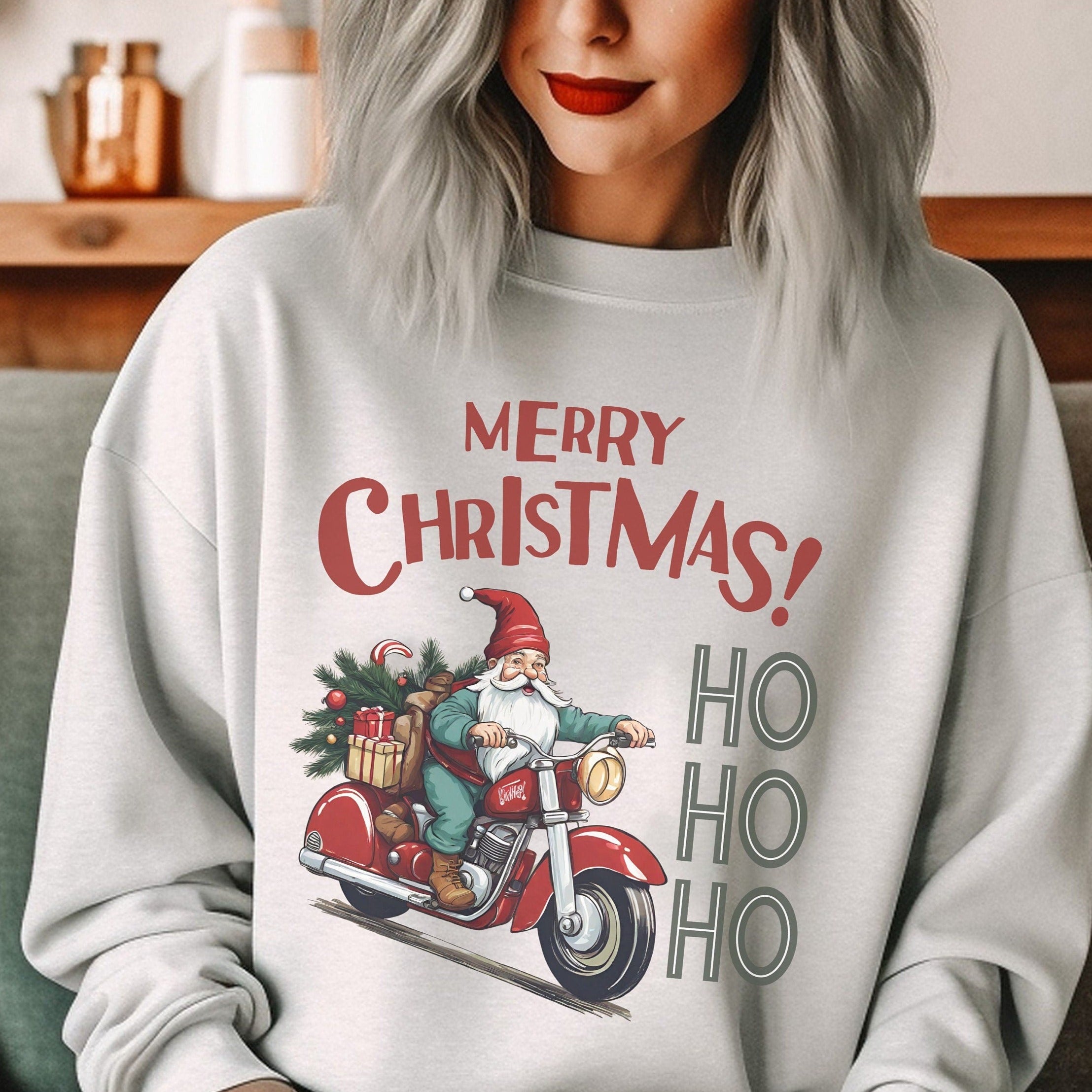 Christmas Biker Gnome Crew Neck Sweatshirt