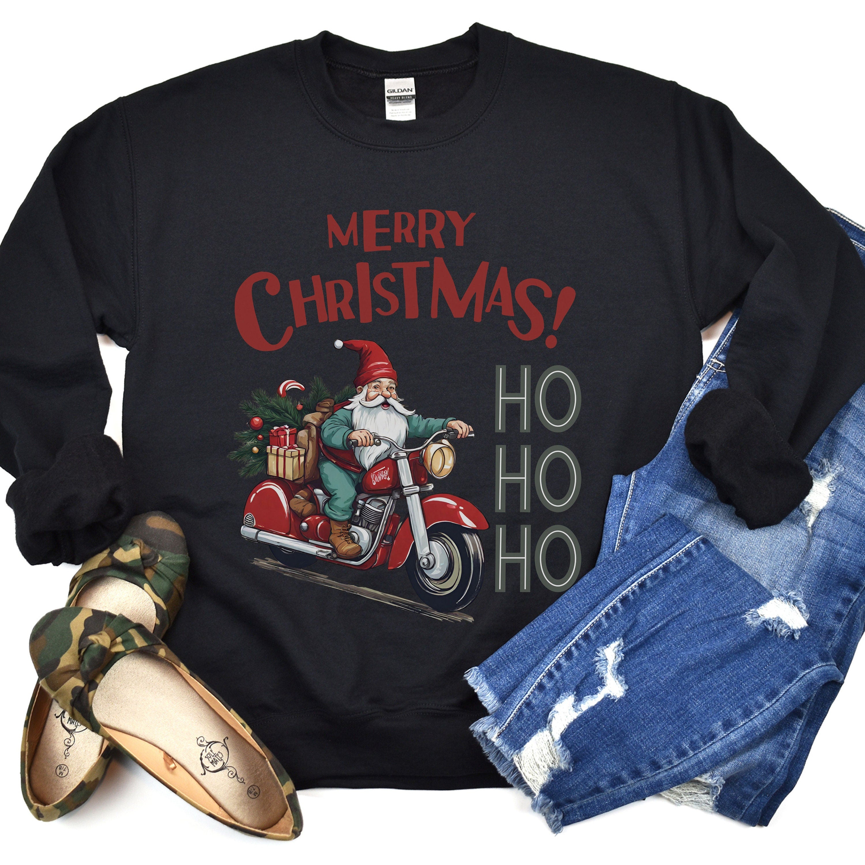 Christmas Biker Gnome Crew Neck Sweatshirt