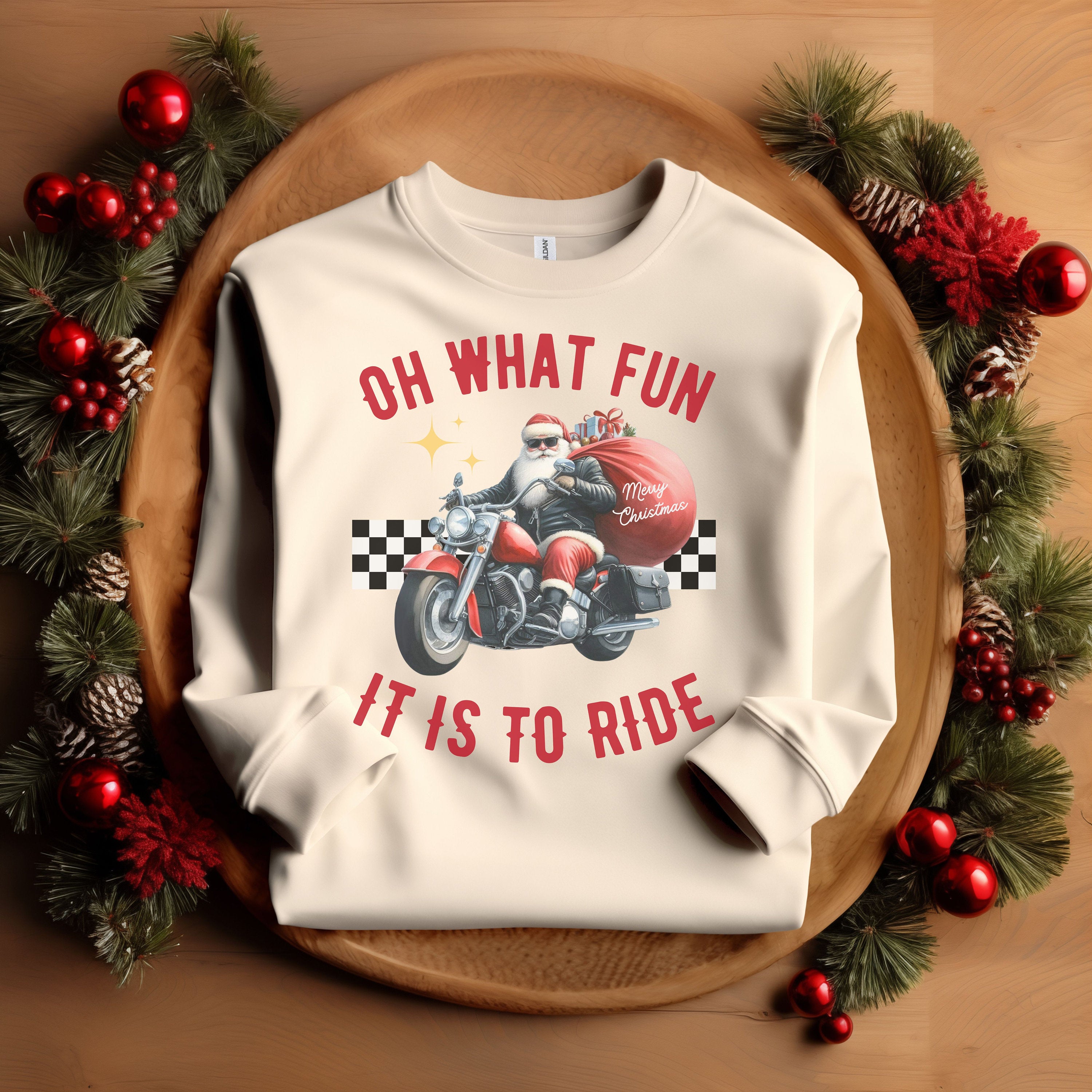 Biker Santa Christmas Crew Neck Sweatshirt